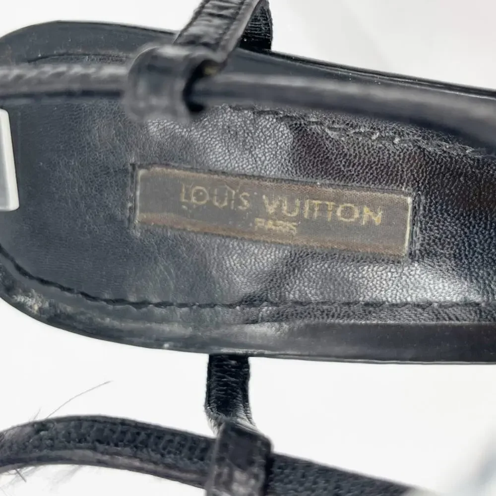 Vintage Louis Vuitton Black Pony-Style Calf Leather Rose T-Strap Sandals EU 37.5